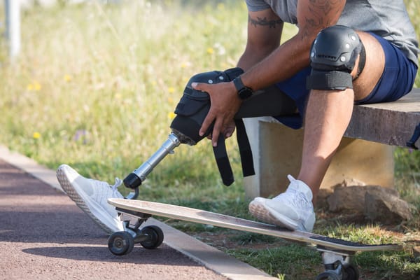 Man with a prosthetic leg sitting outdoors, readying skateboard on a sunny day.